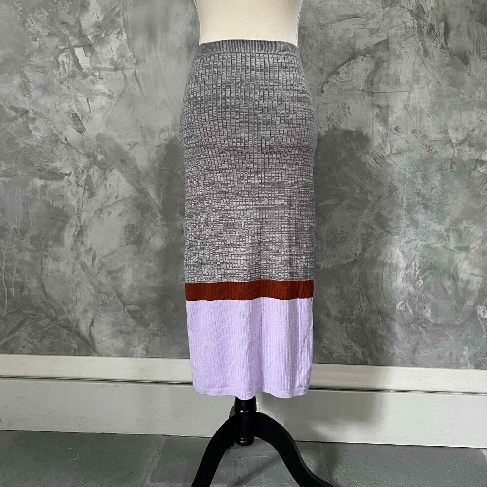 Free People Colorblock Midi Knit Ribbed Skirt Size Small Slit Pull On Boho Chic - Picture 2 of 10